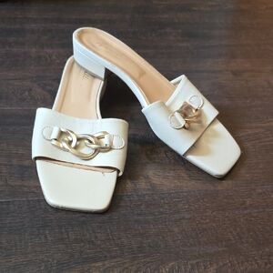 Ivory Slide Sandals with Gold Link Accent